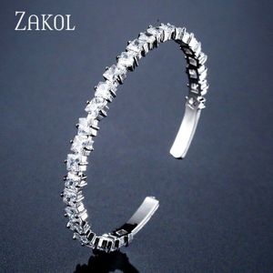 Zakol Mode Groene Vierkante Zirconia Baguette Manchet Armband Armbanden Voor Vrouwen Meisje Party Bruiloft Sieraden FSBP2147