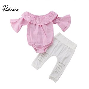 Gloednieuwe Mode Pasgeboren Baby Meisjes Gestreepte Print Ruches Romper Tops + Gat Broek 2 Stks Outfit Set verstoorde Sunsuit