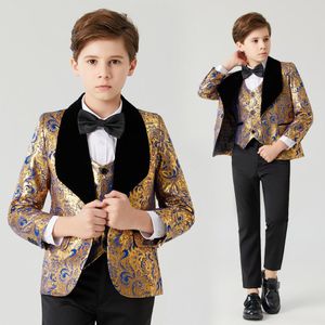 Pak Voor Jongen Communie Trouwjurk Voor Jongen Kids Kostuum Kinderen Blauw Goud Pak Jongens Zwarte Kraag Pak 3pcs Bloem Jongens