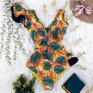 In De Wind Print Badmode V-hals Ruche Badpak Push Up Een Stuk Badpak Backless Monokini Beach Wear