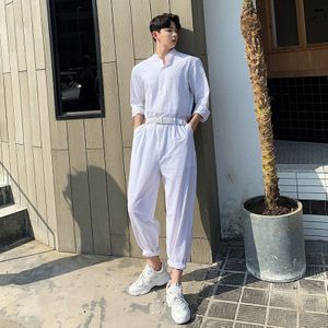 Losse Witte Jumpsuits Stand Kraag Shirt Overalls Broek Streetwear Show Broek Mannelijke Lange Mouw Zomer Katoen Linnen Mannen