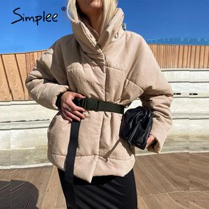 Simplee Warme Winterjas Vrouwen Parka Casual Sash Met Pocket Overjas Vrouwelijke Stand Kraag Kaki Korte Jassen