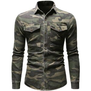 Lente Herfst Camouflage Denim Shirt Voor Man Army Green Lange Mouwen Losse Jeans Shirts Mannen Blouse