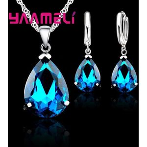 Water Vrouw Party Bruiloft Sieraden 925 Sterling Zilver Aaa Cubic Zirkoon Crystal Earring Ketting Set