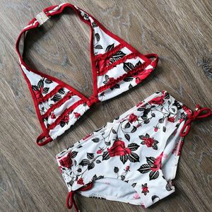 6-16 jaar Bloemen Meisje Badpak Kids Print Tiener Meisje Bikini Set Halter Top Tweedelige Kinderen Badmode Rood meisje Badpak