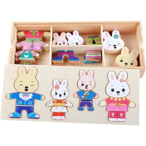 Kinderen Educatief Speelgoed Houten Cartoon Dier Bunny Veranderende Kleding Jigsaw Speelgoed Jurk Up Puzzel Baby Vroege Educatief Speelgoed