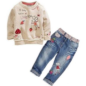 Winter 2 STUKS Kinderen Peuter Kids Baby Meisjes Kleding Leuke Cartoon Bloem Afdrukken Trui + Jeans pak Outfit Kleding Set