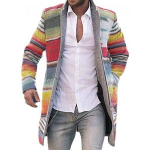 Mannen Herfst Winter Regenboog Strepen Open Front Lange Mouwen Trenchcoat Overjas