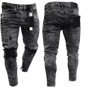 Mannen Vintage Black Slim Fit Stretch Ripped Skinny Jean Mode Rits Straat Jogging Motorfiets Casual Jeans Broek