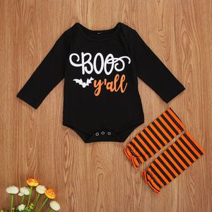 Pasgeboren Halloween Outfits Baby Lange Mouw Ronde Hals Brief Print Romper Gestreepte Sokken Set Meisjes Kleding Set Katoenen Pak