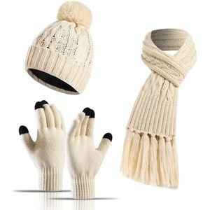 Vrouwen Winter 3 Stuks Beanie Hoed Kwastje Lange Sjaal Touch Screen Handschoenen Set Kleurrijke Knit Pluche Gevoerd Pompom Cap Hals warmer