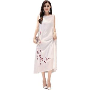 Chinese oosterse jurken mandarijn kraag mouwloze lange linnen jurken zomer elegante dames witte katoenen zomerjurk V007