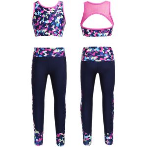 Meisjes Sportkleding Digital Print Mouwloze Mesh Kids Outfit Tanks Crop Top Met Leggings Gymnastiek Fitness Kinderen Sport Set