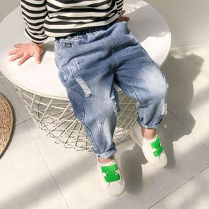 Lente Mode kids Jeans casual Jongen broek broek zomer Katoenen kinderkleding Elastische Taille Marineblauw Denim Broek 2- 9 jaar