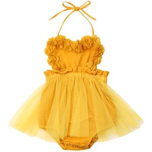 Pasgeboren Baby Meisje Tule Romper Jurk Geel Solid Kant Mouwloze Riem Jumpsuit Outfits Zomer Kleding
