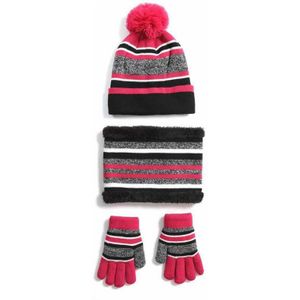 Kinderen Winter Gebreide 3Pcs Pompom Gestreepte Beanie Hat Pluche Gevoerd Sjaal Handschoenen Set