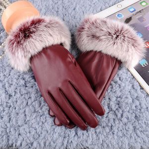 Warme Handschoenen Dame Luxe Bont Handschoenen Winter Lederen Volledige Vinger Warme Handschoen Rijden Outdoor Handschoen Vrouwen Zwart Mitten # L20