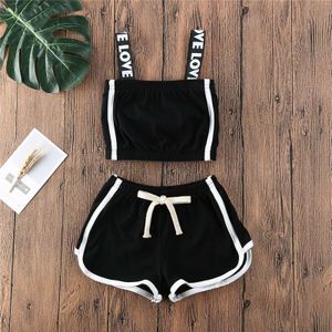 Zomer Peuter Kid Baby Meisje Mouwloze Brief Streep Tops Vest Zwart Koord Korte Broek Outfit Kleding Set 2 Stuks