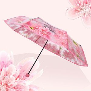 8 Bone Transparante Paraplu Cherry Blossom Waterdicht Winddicht Charmant Bloem Drie Vouwen Roze Paars Meisjes