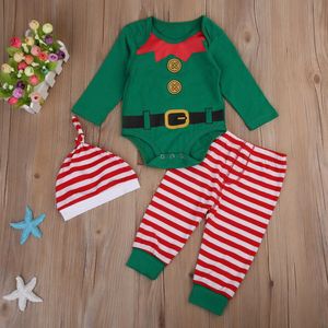 Pasgeboren Baby Kerst Lange Mouwen Jongen Meisje Groen Bodysuit Tops + Strepen Broek + Hoed Outfits Kleding Set 3Pcs