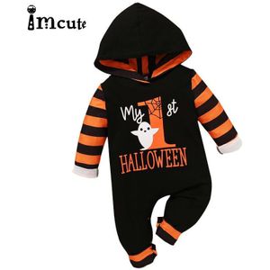 Imcute Baby Meisjes Lange Mouw Mijn 1st Halloween Hooded Jumpsuit Casual Peuter Kids Gestreepte Print Herfst Rompertjes Voor 0-18M