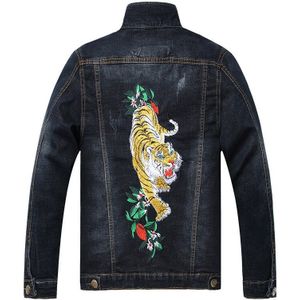 Mannen Hiphop Tijger borduurwerk motorfiets Denim Jasje Plus Size 3XL Streetwear zwarte toevallige Katoen Losse Jeans jasje