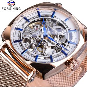 Forsining Mens Mechanische Horloges Vierkante Retro Automatische Skelet Ultra Dunne Zwarte Business Mesh Stalen Riemen Klok Relogio