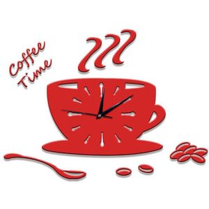 Rood Koffie Cups Klok Muurstickers Modern 3D Diy Acryl Stiker Horloge Horloge Keuken Leisure Plaats Slaapkamer Home Decor