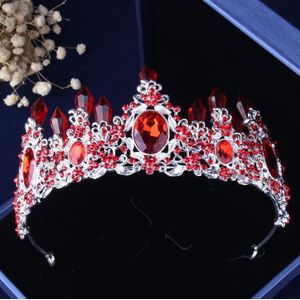 Luxe Verzilverd Red Crystal Bloemen Bridal Sieraden Sets Strass Tiara Kroon Ketting Oorbellen Bruiloft Dubai Sieraden Set