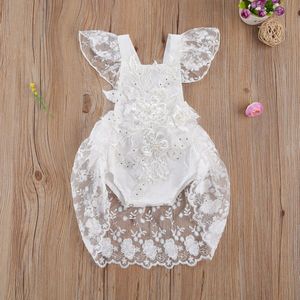 Baby Meisje Kant 3D Bloem Borduren Parel Zoete Prinses Romper, Witte Vierkante Kraag Falbala Flying Mouwen Jumpsuit