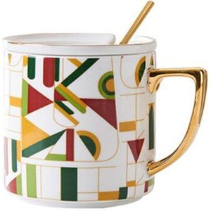 Keramische Mok Koffie Met Deksel Lepel En Handvat Koffie Cup Creatieve Geometrische Patroon Koffiekopje Nordic Light Luxe Huishoudelijke Mok