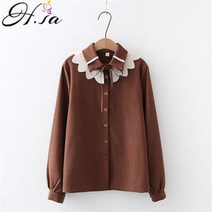 Hsa Vrouwen Lente Lange Mouwen Blouses En Shirts Bloemen Hals Strik Leuke Buitenste Shirts Losse Kantoor Dame Warme Fluwelen winter Shirt