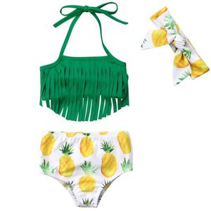 Pasgeboren Baby Meisjes Kid Bikini 3Pcs Kwasten Badmode Ananas Print Halter Bandage Badpak Headhand Badpak Beachwear 0- 2T