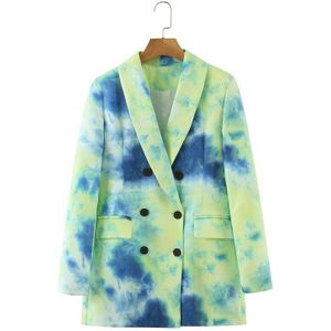 Tangada Vrouwen Tie-Dye Groene Blazer Vrouwelijke Lange Mouwen Elegante Jas Dames Werkkleding Blazer Formele Pakken SL543