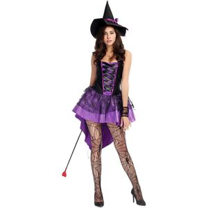 Dames Heks Kostuum Halloween Carnaval Zwaluwstaart Die Met Hoed Violet Vrouwen Optredens Jurk