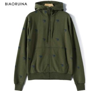 Biaoruina Mannen Koreaanse Stijl Casual Olifant Gedrukt Hoodies Fleece Voering Mode Comfortabe Warm Hooded Sweatshirt Met Rits