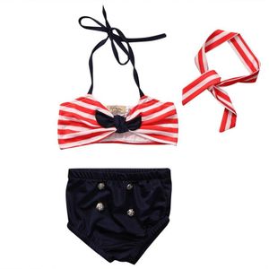 Baby Infant Swimwear Navy Blue Striped bow Swimsuit Bikini Swim Suit Two Pieces Cartoon Costume Bathers Beachwear Girls Child