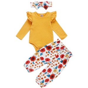 3Pcs Pasgeboren Peuter Baby Meisje Bloemen T-shirt Tops Broek Hoofdband Outfit Kleding