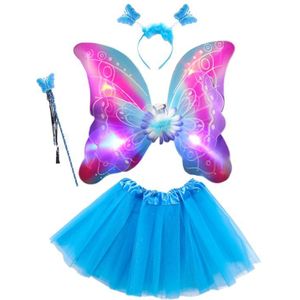 4Pcs Meisjes Led Fairy Kostuum Set Tule Tutu Rok Dubbele Laag Vlinder Vleugels Toverstaf Hoofdband Prinses Prestaties Stadium Up