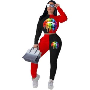 stijl sweatsuit dames rainbow lip print crop top en lange broek 2 delige set casual sport outfit ML5093
