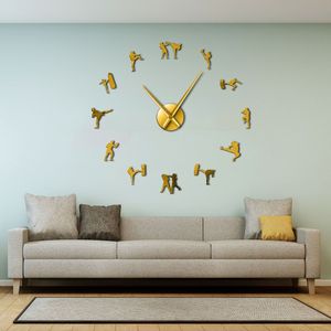 Koreaanse Martial Art Taekwondo Cijfers Diy Giant Wandklok Kickboksen Karate Jongens Muurstickers Decoratieve Grote Wandklok Horloge
