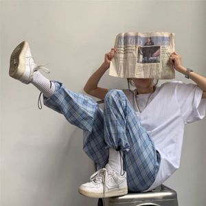 Jogger Broek Vrouwen Mode Blue Plaid Losse Hoge Taille Vrouwelijke Broek Track Hip Hop Harembroek Zakken Zomer Streetwear