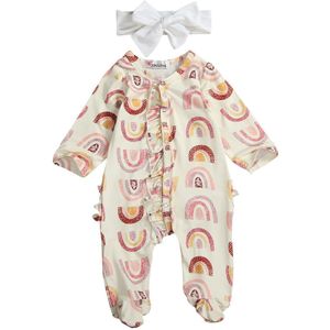 Cathery Baby Meisjes Jongens Pyjama Betaalde Sleeper Lange Mouwen Ruffle Jumpsuit Met Hoofdband Kleding Set Katoenen Romper Bodysuit