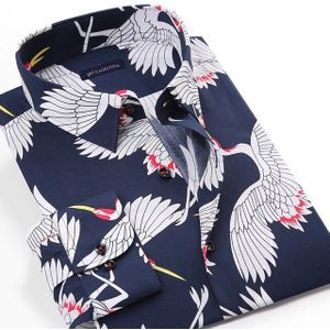 Casual Crane Print Mannen Hawaiian Shirt Pocket-Minder Lange Mouwen Standaard-Fit Katoen Strand bloemen Shirts