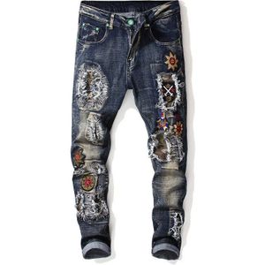 Heren Skinny Ripped Patch Jeans Streetwear Blauw Potlood Broek Badge Denim Broek