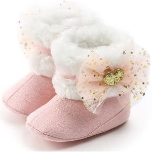 Baby Baby Meisje Snowboots, soft Sole Antislip Faux Fur Voering Enkellaarsjes Met Leuke Tule Strik Winter Warm