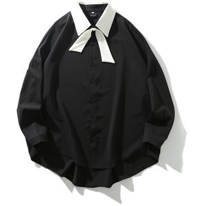 Koreaanse Kleding Herfst Mannen Eenvoudige Zwart Wit Bow Tie Lange Mouwen Streetwear Mannelijke Oversized Casual Shirts