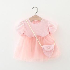 2022 Koreaanse Baby Zomer Jurk Met Tas Bladerdeeg Mouw Schattige Prinses Jurken Voor Kinderen Kleding Roze Wit Verjaardag Jurk Voor peuter