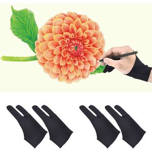 4 stuks Professionele 2-vingers Tablet Tekening Anti-fouling Handschoenen voor Grafische Tablet Art Creatie Pen Display iPad pro Potlood Zwart