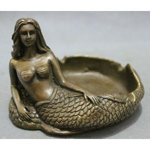 Chinese Bronzen Koperen Folk Mythe Belle Mermaid Zee-meid Vis Standbeeld Asbak